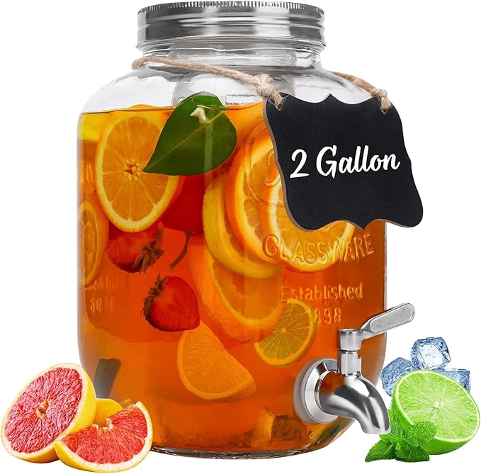 2 Gallon Glass Beverage Dispenser with Lid, Stainless Steel Spigot, Glass Drink Dispensers for Parties, Lemonade Dispenser With Ice Cylinder for Weddings, Party,Sun Tea Jar, Water Juice Dispensers