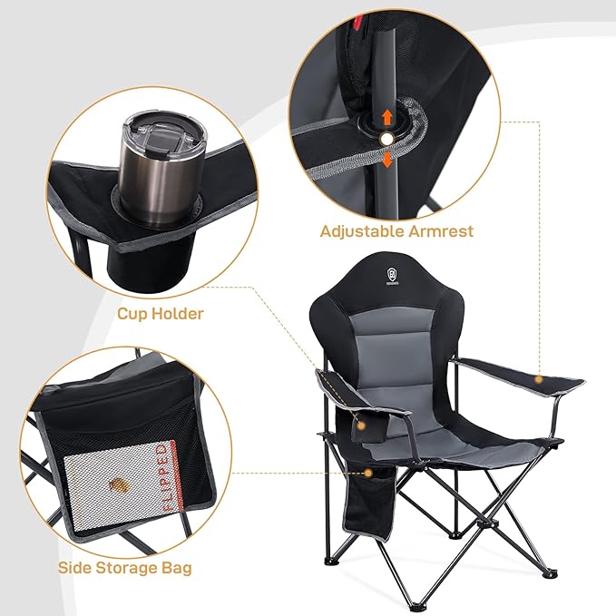 EVER ADVANCED Folding Camping Chair with High Back Padded 2 Pack Oversized Portable Lawn Chairs Lightweight Sturdy Steel Foldable Outdoor Camp Chair for Adults, Black