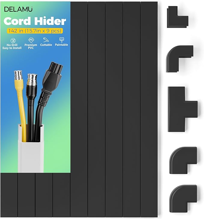 Delamu 142in Black Cord Hider Cable Hider, Cord Covers for 2-3 Wires on Wall, Premium Wire Hiders Wire Covers for Cords on Wall, Easier Setup TV Cable Cover Management Kit, W0.94 H0.47in, Black