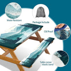 Picnic Table Cover with Bench Covers, Mountains Green Lake Tree Camping Essentials Tablecloth Fitted Rectangle Tables and Seats, Misty Landscape with Elastic Windproof Edges Picnic Table Cloth Cover