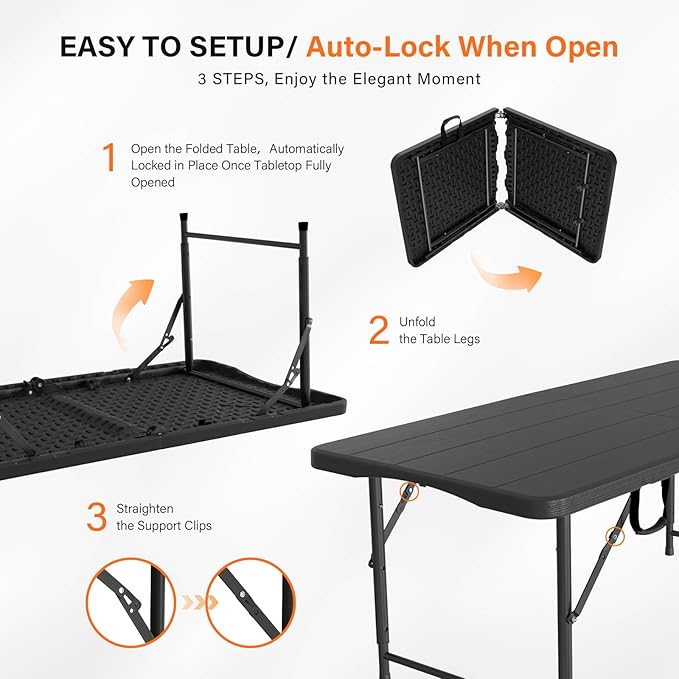VINGLI 4 FT Plastic Folding Camping Table,3-Level Adjustable Height, Portable in/Outdoor Party Picnic Dining Desk,Off-White Garden Soccer Multipurpose Entertaining Activities, Black