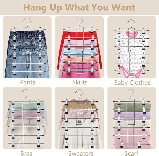 Pants Hangers with Clips,Space Saving Hanging Closet Organizer-6 Tiers Skirt Hangers with 360° Swivel Hook,Closet Organizer-Clothes Hangers- College Dorm Essentials Apartment Essentials- 4 Pack
