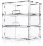 Wide Large Stackable Storage Drawers(3 Pack),Multi-purpose Clear Plastic Organizer Bins with Handles, Easy to Assemble for Bathroom Home Closet Under Sink Kitchen Pantry Medicine Cabinet