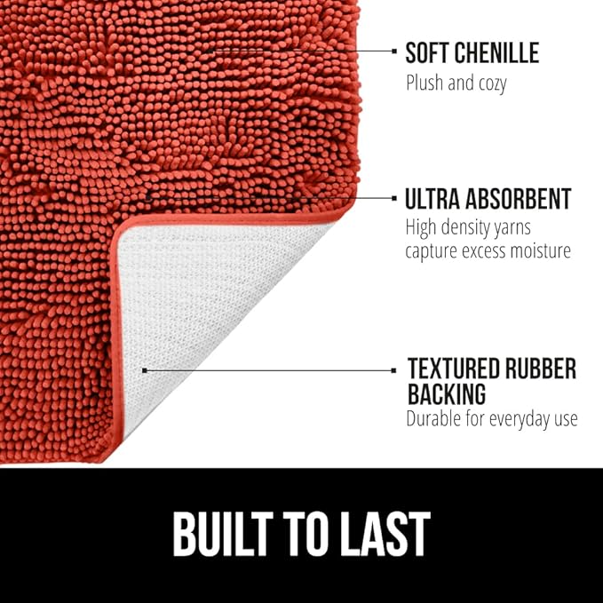 GORILLA GRIP Bath Rug Mat 36x24, Soft Absorbent Chenille, Quick Dry Microfiber Mats, Rubber Backing Washable Shower Floor Rugs, Bathmat Runner, US Designed Bathroom Home Accessories Sunset Orange
