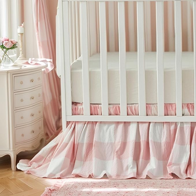 Brandream Gingham Gathered Crib Skirt, Baby Boy, Baby Girl, Gender Neutral Crib Skirt, 100% Cotton, 4-Sided, Light Pink Plaid Gingham Toddler Bedskirt Farmhouse Chic Nursery Crib Bed Skirt Dust Ruffle