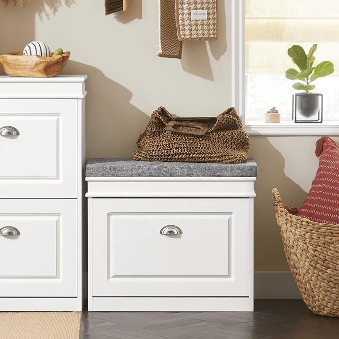 Haotian Shoe Storage Bench, Small Shoe Cabinet for Entryway, Narrow Shoe Rack with 1 Flip-Drawer and Seat Cushion, White, FSR82-K-W