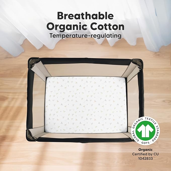 2-Pack Mini Crib Sheets Fitted - 38x26 Pack N Play Sheets for Pack and Play Mattress, Organic Cotton, Soft & Breathable Playard Bedding, Neutral Mini Toddler Bed Cover for Boys, Girls (Meadow)