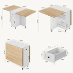 Jocoevol Space Saving Folding Dining Table for 4, Farmhouse Foldable Dining Table with Drawer and Storage Shelf, 6 Wheels Multipose Expandable Kitchen Drop Leaf Table for Small Space (Pear Wood White)