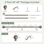QDWIS 2 Pack Silver Curtain Rods for Windows 48 to 84 Inch,1'' Diameter Drapery Rods with Leaf Pattern Finials,Boho Adjustable Heavy Duty Curtain Rods Set,36-88'',Retro Silver