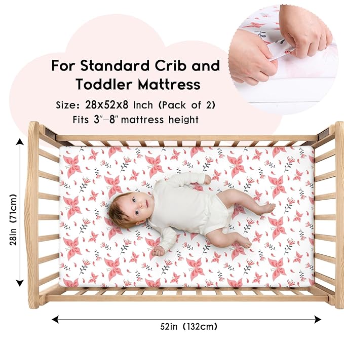 Yoofoss Baby Crib Sheets for Boys Girls, Fitted Crib Sheet 2 Pack for Standard Crib and Toddler Mattress, Super Soft Microfiber Baby Sheet 28x52x8in Pink + Butterflies
