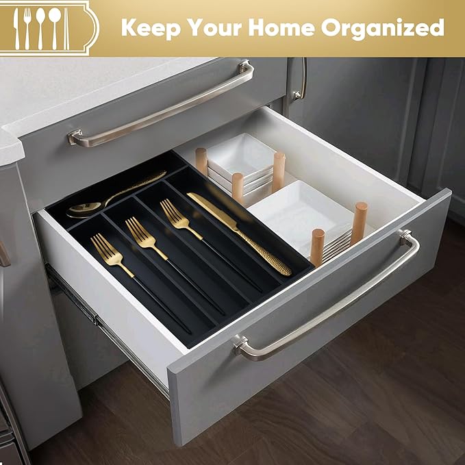 Silverware Organizer, 2 Pack 10 Inch Utensil Organizer Kitchen Drawer Organizer Bamboo Silverware Holder Cutlery Tray Organizer in Drawer Flatware Organizer Tray(5 slots, Black）
