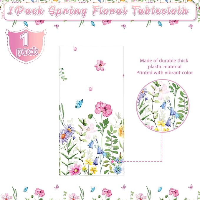 1Pcs Spring Floral Plastic Tablecloth,Pink Purple Blue Flower Butterfly Disposable Table Cover for Home Decor Summer Spring Picnic Dining Holiday Weeding Birthday Tea Party Decorations,54x108 Inch