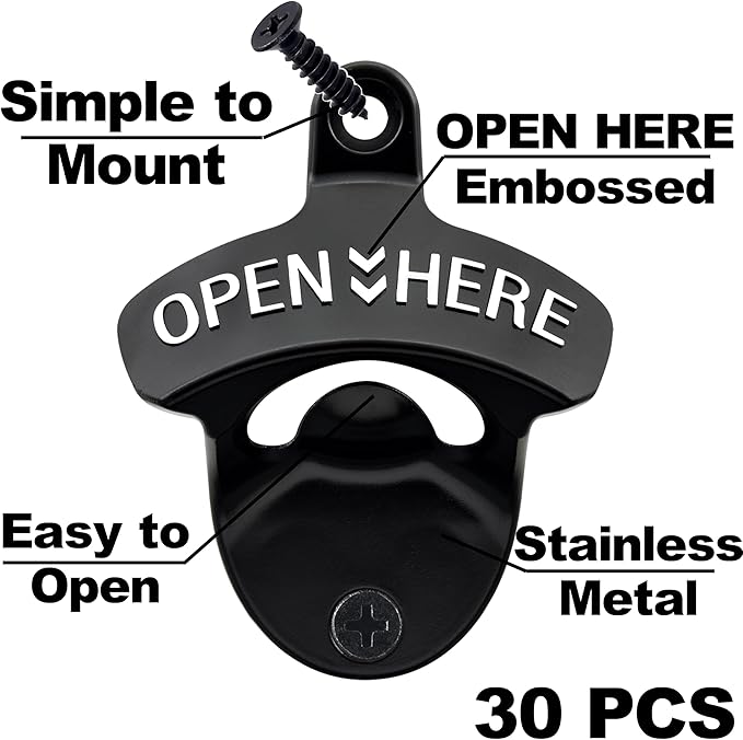 30 PCS Stainless Bottle Opener Wall Mount Black Bulk Beer Soda Cap Opener Mountable for Wood Board Caddy DIY Craft