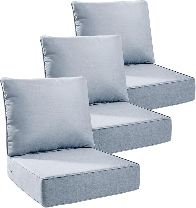 Luxury 6" Outdoor Cushions for Patio Furniture, 24x24x6" Thick Seat Cushion Set of 3, Fade Resistant Couch Chair Replacement Cushions High Density Wicker Chair Cushion w/ Removable Cover Baby Blue