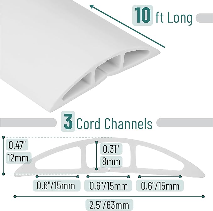 Bates- Floor Cord Cover, 10ft, Cable Cavity 0.6" (W) x 0.31" (H), Heavy Duty Wire Protector, PVC Extension Cords Hider, Protect Cords, Prevent Cable Trips, Cord Hider for Office, Home, Outdoor