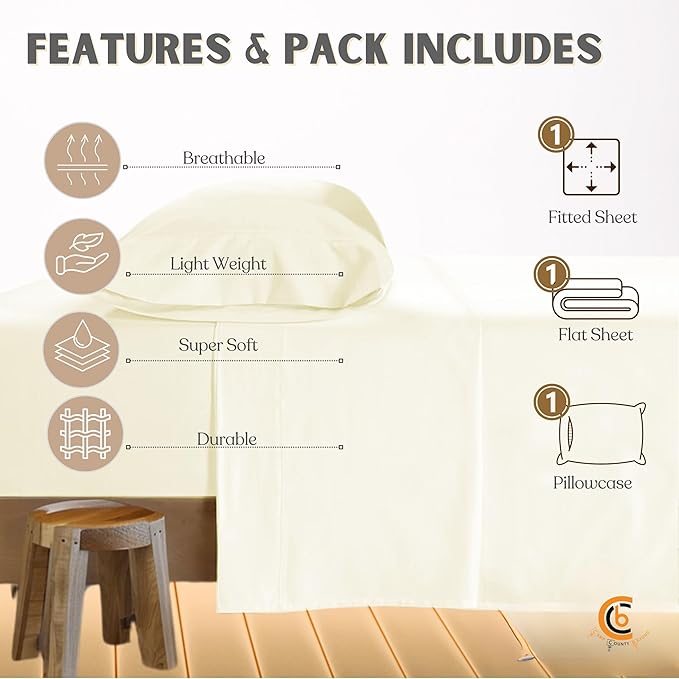 Camping Cot Sheets 31" x 75" - 3 Piece Cot Sheet Set for Bunk Bed - fits Upto 9" Deep Mattress, Perfect for Narrow Twin, Camping Cot, RV Bunk, Guest Beds, Trifold Mattress - Ivory