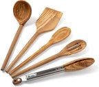 Salt & York 5-Piece Olive Wood Kitchen Utensil Set with Turner, Tongs, Slotted Spoon, Ladle and 12" Spoon, Farmhouse Style Kitchen & Cookware, Ideal for Entertaining, Wedding and Housewarming Gift