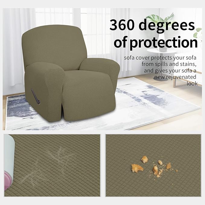 Easy-Going 4 Pieces Oversized Recliner Stretch Sofa Slipcover Sofa Cover Furniture Protector Couch Soft with Elastic Bottom Polyester Spandex Jacquard Fabric Small Checks Khaki,X-Large