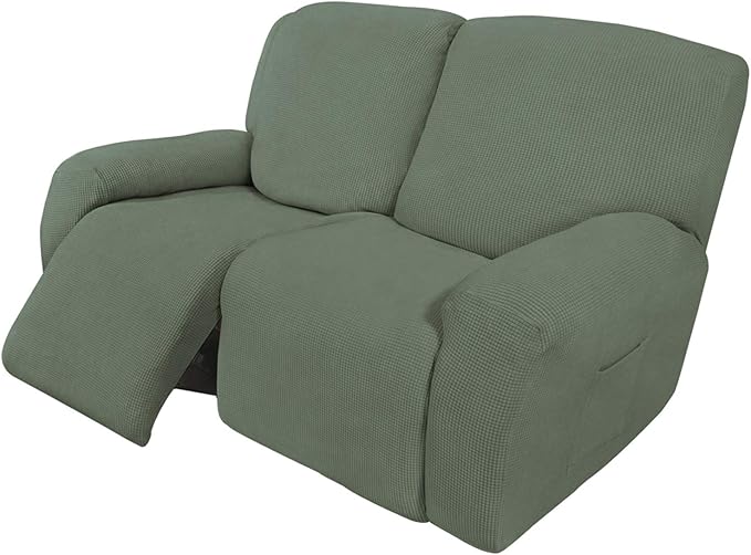 Easy-Going 6 Pieces Recliner Loveseat Stretch Sofa Slipcover Sofa Cover Furniture Protector Couch Soft with Elastic Bottom Kids, Spandex Jacquard Fabric Small Checks Greyish Green