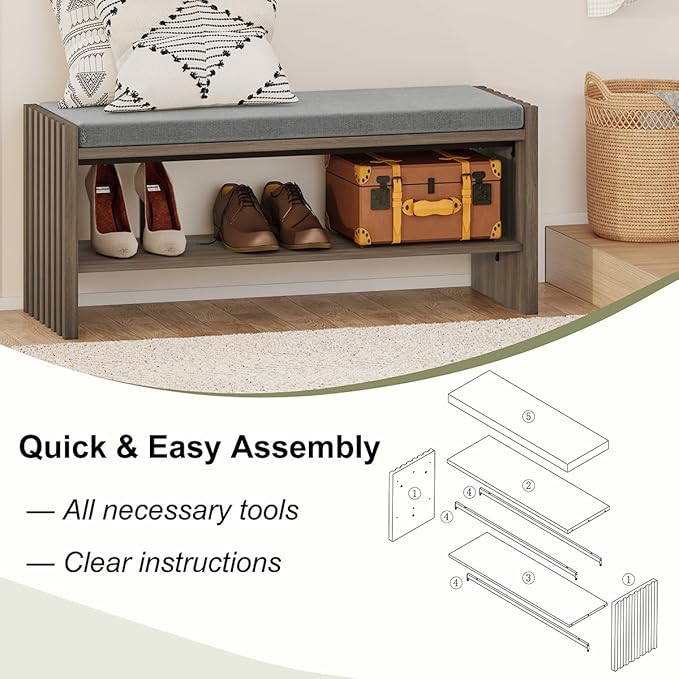 BON AUGURE Shoe Storage Bench Bedroom, Entryway Bench with Cushion, Ottoman Benches for Living Room Hallway Entry (Greige Oak, 40 Inch Wide)