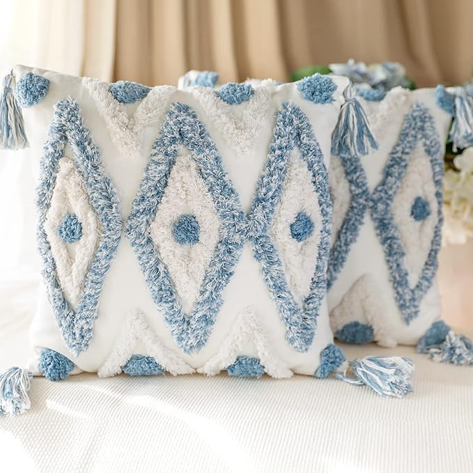 Set of 2 Cotton Woven Boho Throw Pillow Covers, Tufted Decorative Square Pillowcases Covers with Tassels for Couch Sofa Bed, Living Room Sofa, Farmhouse, 18x18 Inch Blue(2 pcs)