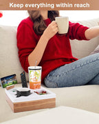 Couch Cup Holder Tray, Silicone Acacia Wooden Couch Caddy with Cup Holder for Snacks, Drinks, Remotes, Waterproof Cup Holder for Couch, Organizer, Couch Drink Holder, Pillow
