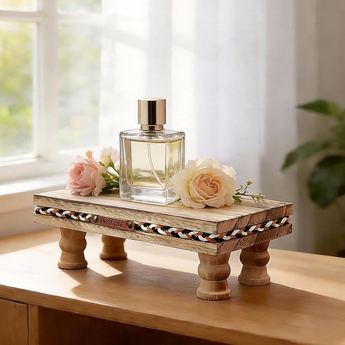 Wood Tray Pedestal Stand, Bathroom Counter Organizer, Modern Farmhouse Riser for Soap/Candle/Sponge Rustic Small