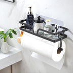 Taozun Paper Towel Holder with Shelf, Kitchen Paper Holder Spice Rack Black Paper Towel Roll Holder RV Paper Towel Rack with 4 Hooks(2 Installation Methods - Self-Adhesive and Drilling)