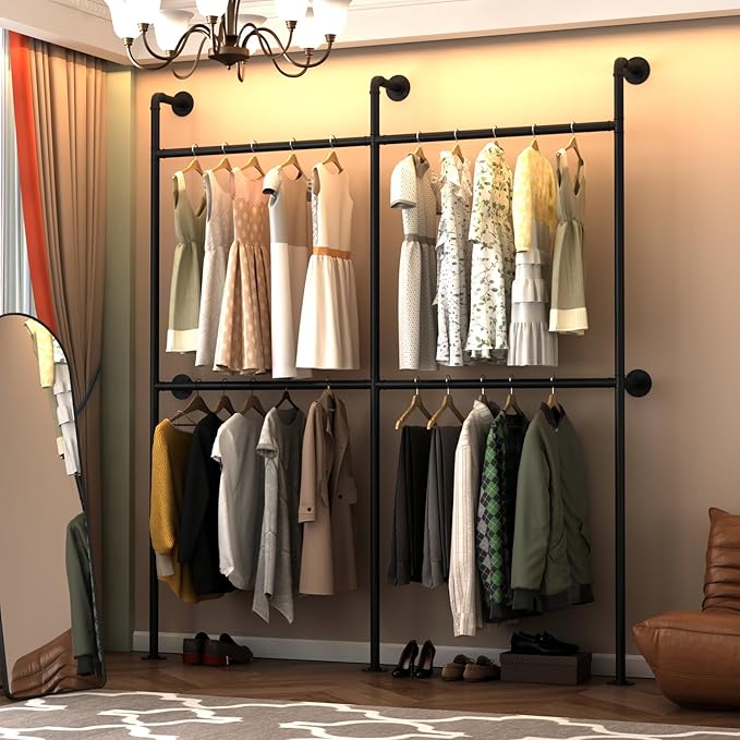 Industrial Pipe Clothing Racks Wall Mounted, Rustic Black Industrial Pipe Clothes Rack Design - Stylish & Heavy Duty Corner Garment Racks, Perfect for Home or Retail Display