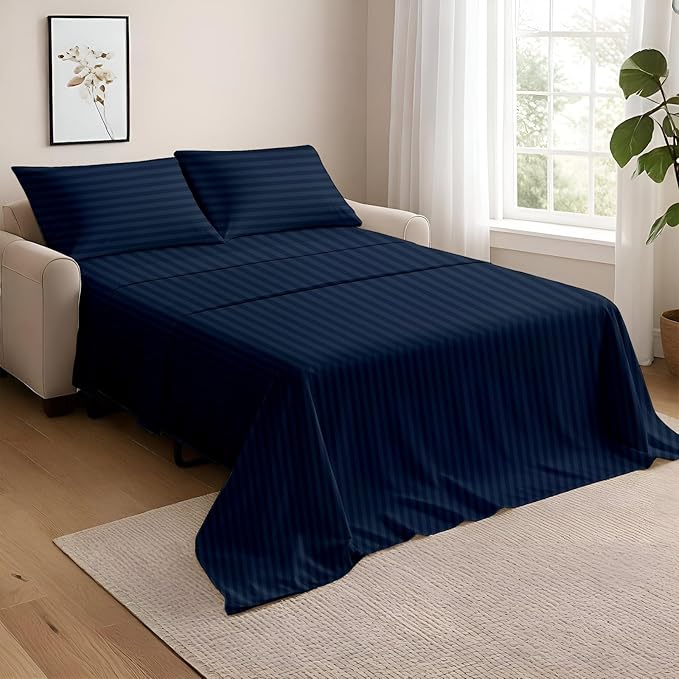 NON Sticky cotton Full Size Sleeper Sofa Sheets, 4 Piece Egyptian Cotton Bed Sheet Set for Sofa Bed, 6" Deep Pocket Fitted Sheet for Pull Out Couch Mattress, 54" x 75", Navy Blue Stripe