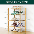 Smiry Small Bamboo Shoe Rack, 4 Tier Free Standing Wooden Shoe Organizer, Stackable Wood Shoe Storage Shelf for Closet, Entryway, 12 Vertical Slats, 2+2 Stack Standard Legs, 17.3"x11"x26", Natural