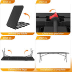 8 Ft Plastic Folding Table,Heavy Duty Portable Table for Indoor & Outdoor,Wood Grain Desktop & 400lbs Weight Capacity,Premium Solutions for Camping,Picnic,BBQ and Party