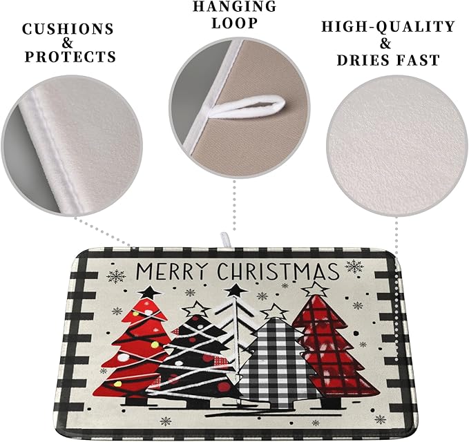 Merry Christmas Dish Drying Mats for Kitchen Counter 16x18 Buffalo Plaid Christmas Tree Microfiber Absorbent Drying Mat Seasonal Winter Holiday Drying Pad Dish Drainer Mat for Coffee Bar Sinks