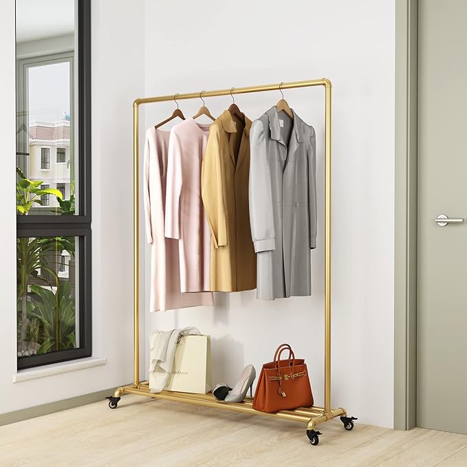 Industrial Gold Clothing Racks on Wheels, Boutique Display Gold Clothes Rack with Shelf, Rolling Garment Rack for Retail Use