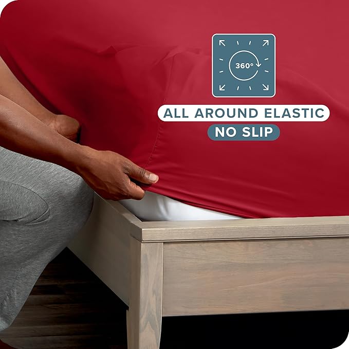 Bare Home 2-Pack Fitted Bottom Sheets Split King - Premium 1800 Ultra-Soft Microfiber - Deep Pocket - 4 Twin XL Fitted Sheets (Split King, Red)