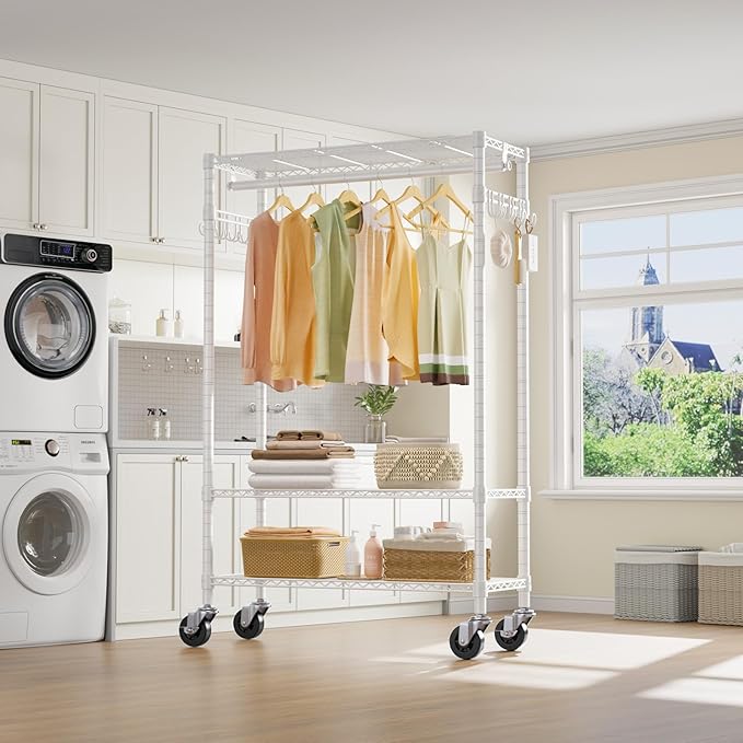 VIPEK R3 Rolling Clothing Rack Heavy Duty Garment Rack for Hanging Clothes, Portable Closet Wardrobe with Wheels and Side Hooks, Adjustable Freestanding Metal Clothes Rack with Shelves, White