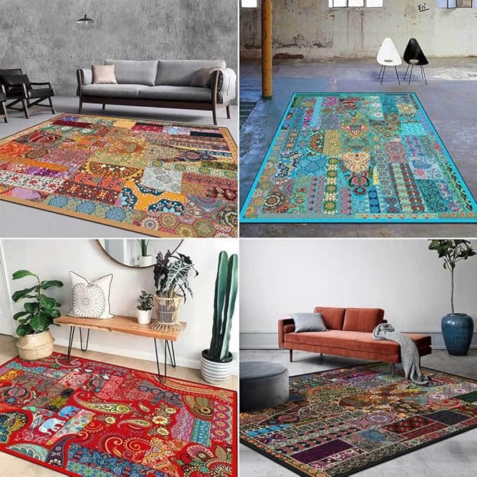 Vintage Boho Area Rugs Multicolor Ethnic Style Geometric Splicing Carpets Bedroom Living Room Kitchen Floor Mats Indoor Outdoor Non-Shedding Runner Rug Home Décor Carpet 2.6' X 4'
