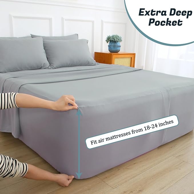 Extra Deep Pocket Full Sheet Set for Air Mattress, 6 Piece Air Bed Sheets Set with 18-24 Inches Depth, Soft & Breathable Inflatable Bed Sheet Set with Flat Sheet, Fitted Sheet and Pillowcases, Grey