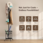 ELYKEN Coat Rack Freestanding, Metal Coat Rack Stand with Umbrella Holder, Modern Coat Tree with 12 Hooks, Floor Standing Corner Hall Tree for Entryway Living Room Bedroom Office, Black