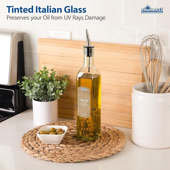 EHOMEA2Z Olive Oil Dispenser Bottle - 16 oz, Made in Italy Glass Olive Oil and Vinegar Cruet with Stainless Steel Spout for Kitchen, Slight Green Tint (1, 473 ml)