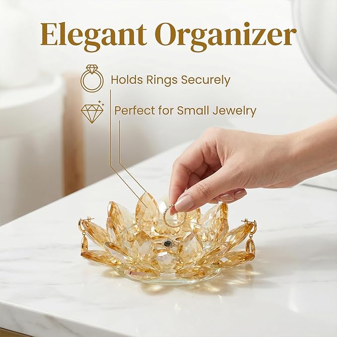 Crystal Flower Jewelry Tray, Luxury Transparent Decorative Trinket Dish for Rings, Earrings, Necklaces, Keys for Vanity Dresser Nightstand, Elegant Gift for Women Mother's Day (1, 6.3"(W)- Gold)