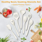 TeamFar Silicone Cooking Utensils Set, 7-Piece Heat Proof Kitchen Utensils Set, Kitchen Tools Spatula Turner Ladle Spoon Pasta Fork for Nonstick Cookware, Non-Toxic & Dishwasher Safe, White