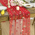 Artoid Mode Red Embroidery Daisy Gauze Table Runner 120 Inch 10FT, Seasonal Sheer Kitchen Dining Holiday Wedding Birthday Table Decor for Home Party