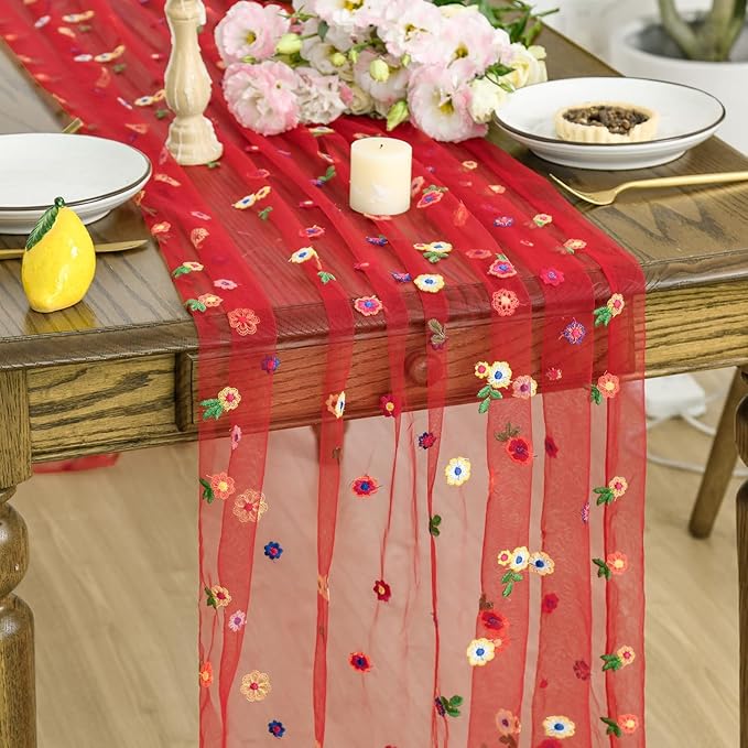 Artoid Mode Red Embroidery Daisy Gauze Table Runner 120 Inch 10FT, Seasonal Sheer Kitchen Dining Holiday Wedding Birthday Table Decor for Home Party