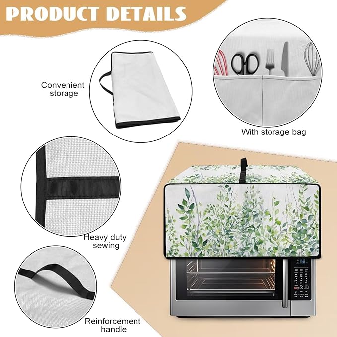 Toaster Oven Dust Cover with Storage Pockets, Dust-Proof Kitchen Appliance Protector for Small Appliances Convection Ovens, S, 14.5 x 18.5 x 9 Inches, Green Leaf White