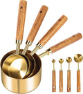 GuDoQi 8Pcs Gold Measuring Cups and Spoons Set, Wooden Handle, Premium Stainless Steel with Metric & US Measurements, Nesting for Dry/Liquid Kitchen/Food/Baking