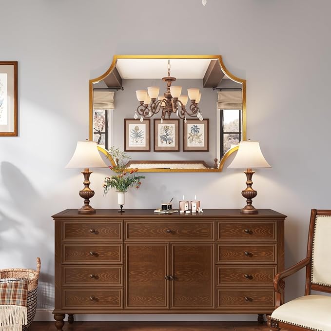 Kelly Miller 30"x40" Large Gold Bathroom Mirror for Wall, Gold Scalloped Vanity Mirror Bevelled Framed Decorative Mirror for Master Bath Half Bath Entrance Hallway Bedroom Living Room Fireplace Mantle