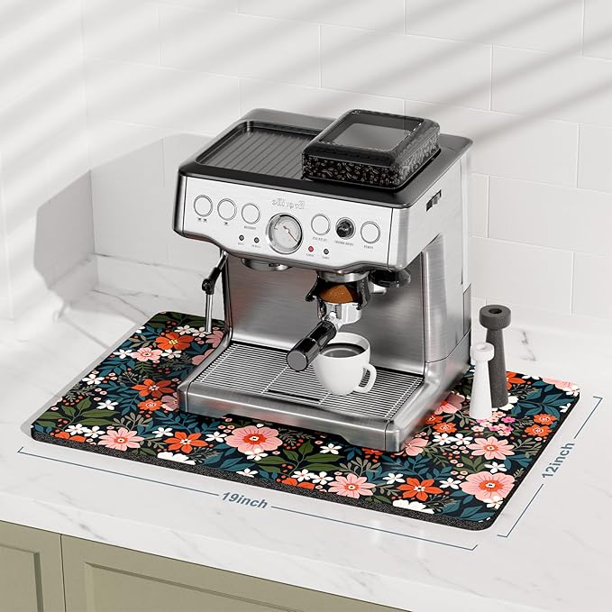 Rnivvi Coffee Mat, 12" x 19" Cute Coffee Bar Mats for Espresso Machine Station Accessories and Organizer, Hide Stain Rubber Backed Absorbent Dish Drying Pad for Kitchen Counter, Floral Cartoon