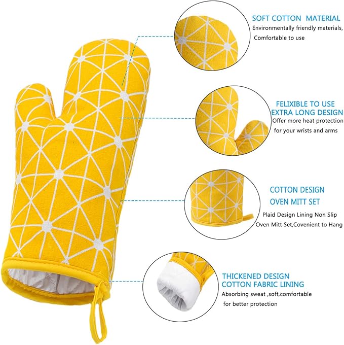 Oven Mitts and Potholders BBQ Gloves-Oven Mitts and Pot Holders with Recycled Infill Silicone Non-Slip Cooking Gloves for Cooking Baking Grilling (4-Piece Set) (Yellow-02)