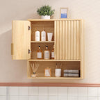 VINGLI Bathroom Wall Cabinet with Fluted Doors, Natural Oak Wall Mounted Medicine Cabinet with Adjustable Shelf, Over The Toilet Storage Cabinet for Bathroom, Kitchen & Laundry Room